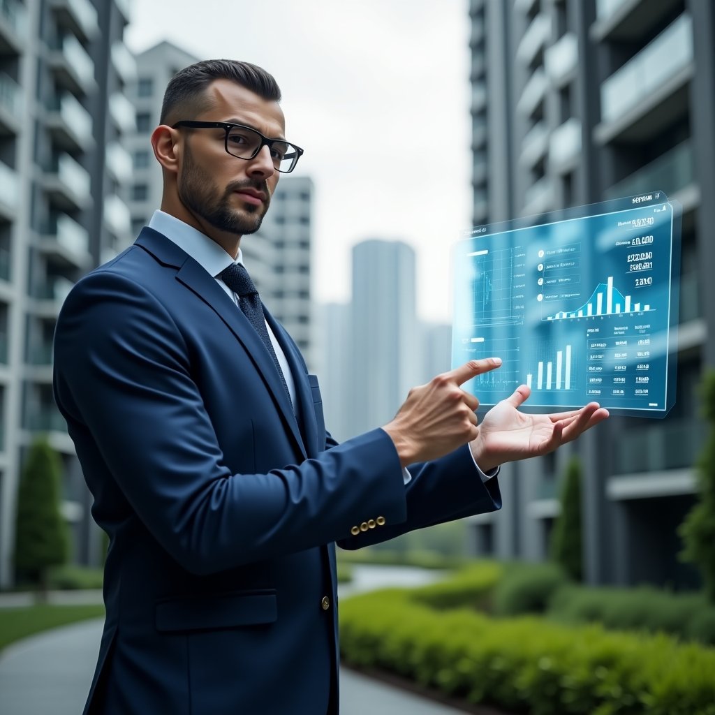 Ultra-realistic property manager in a navy blue suit, set in a modern luxury condominium environment with high-rise buildings and lush green landscaping, pointing at a floating holographic financial dashboard displaying transparent online accounting charts and real-time reports, confident and focused expression, cinematic lighting, shallow depth of field, highly detailed textures, realistic skin, photographic realism, 8k resolution --ar 1:1 --v 6