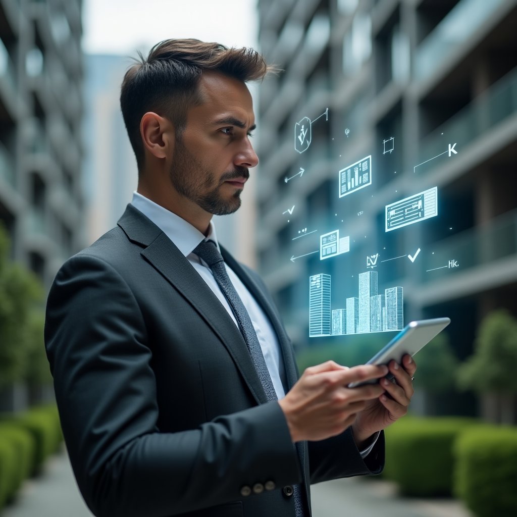 Ultra-realistic condo manager in a charcoal gray suit, set in a modern luxury condominium environment with high-rise buildings and manicured greenery, mid shot reviewing transparent holographic financial reports projected from a tablet, floating icons of spreadsheets, checkmarks and document stacks symbolizing accountability, serious and focused expression, cinematic lighting, shallow depth of field, highly detailed textures, realistic skin, photographic realism, 8k resolution --ar 1:1 --v 6