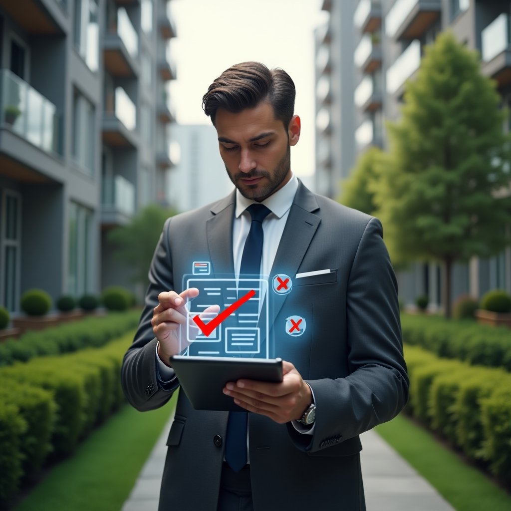 Ultra-realistic condominium manager in a charcoal gray suit, set in a modern luxury condominium environment with high-rise buildings and manicured green landscaping, standing in a mid-shot checking a tablet with digital spreadsheets, pointing at holographic check marks replacing red cross icons over a financial report, confident and focused expression, cinematic lighting, shallow depth of field, highly detailed textures, realistic skin, photographic realism, 8k resolution --ar 1:1 --v 6