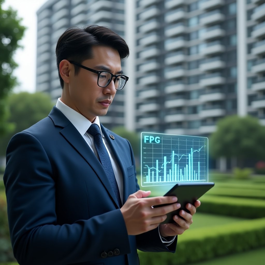 Ultra-realistic condominium manager in a navy blue suit, set in a modern luxury condominium environment with high-rise buildings and lush green landscaping, holding a tablet displaying transparent holographic financial charts, confidently analyzing data to convey clear and trustworthy accounting, cinematic lighting, shallow depth of field, highly detailed textures, realistic skin, photographic realism, 8k resolution --ar 1:1 --v 6