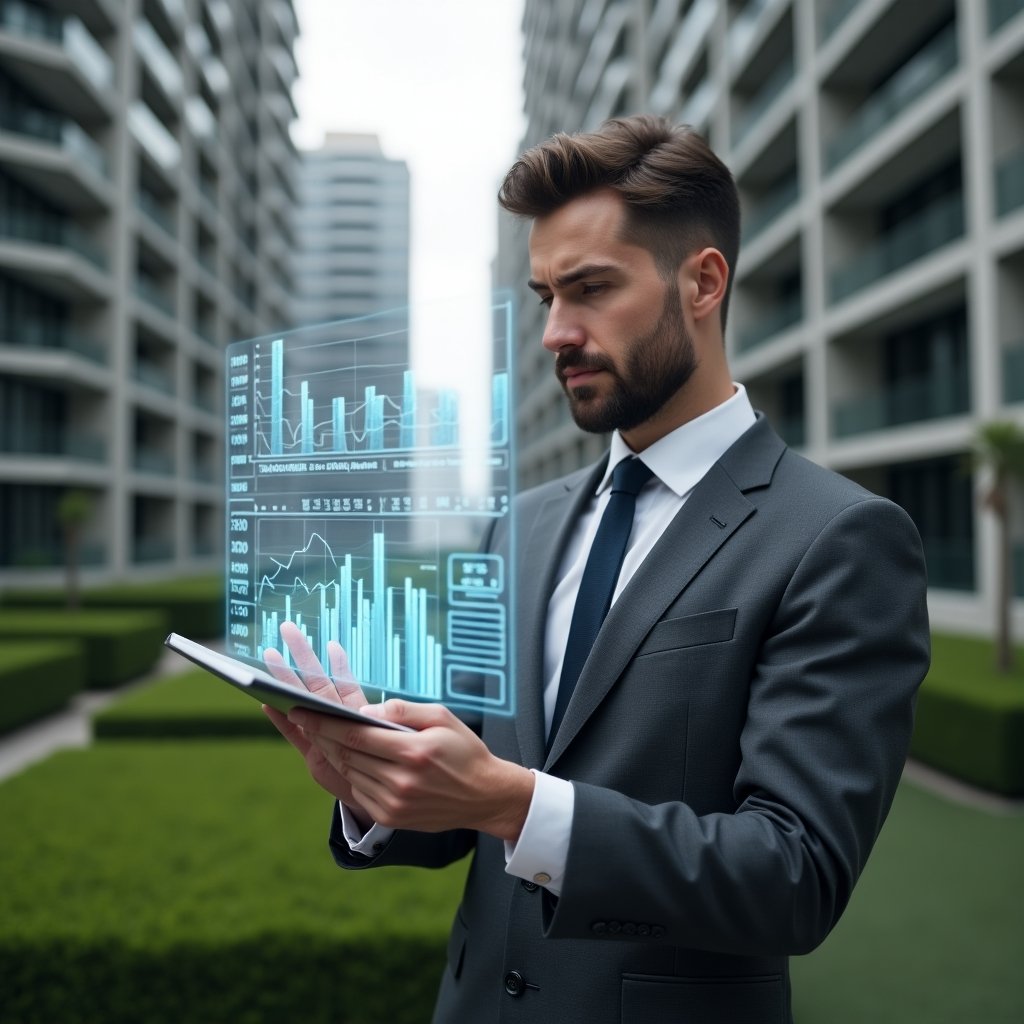 (Ultra-realistic condominium manager in a tailored charcoal gray suit, set in a modern luxury condominium environment with high-rise buildings and manicured green landscaping, reviewing a holographic financial report with clear charts, confident and thoughtful expression, floating transparent ledger icons and graphs symbolizing transparent accounting, cinematic lighting, shallow depth of field, highly detailed textures, realistic skin, photographic realism, 8k resolution --ar 1:1 --v 6)