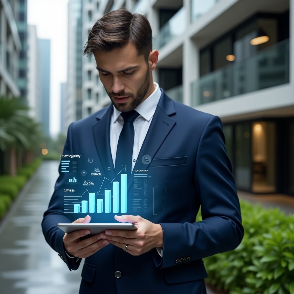(Ultra-realistic condominium manager in a navy blue tailored suit, set in a modern luxury condominium environment with high-rise buildings and manicured green landscaping, close-up of a confident professional examining holographic transparent financial reports floating above a tablet, bar graph icons and ledger symbols symbolizing transparent accounting, cinematic lighting, shallow depth of field, highly detailed textures, realistic skin, photographic realism, 8k resolution --ar 1:1 --v 6)