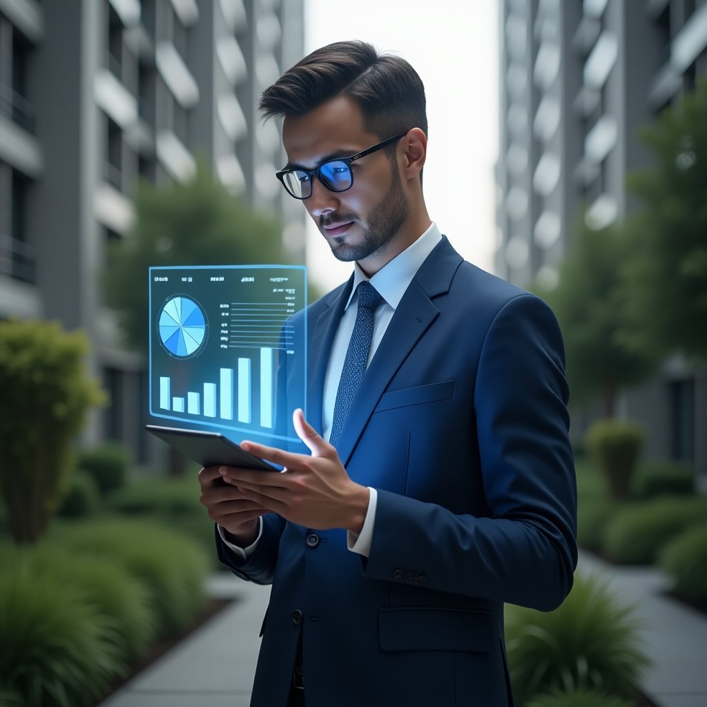 (Ultra-realistic condominium manager in a navy blue suit, set in a modern luxury condominium environment with high-rise buildings and lush green landscaping, medium shot of a confident professional reviewing transparent holographic financial charts on a sleek tablet, glowing pie charts and bar graphs symbolizing clear account statements floating above, cinematic lighting, shallow depth of field, highly detailed textures, realistic skin, photographic realism, 8k resolution --ar 1:1 --v 6)