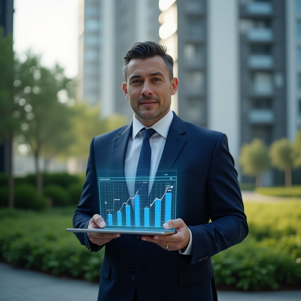 (Ultra-realistic condominium manager in a navy blue suit, set in a modern luxury condominium environment with high-rise buildings and lush green landscaping, confidently holding a tablet with a holographic display of transparent financial charts and clear accounting data, cinematic lighting, shallow depth of field, highly detailed textures, realistic skin, photographic realism, 8k resolution --ar 1:1 --v 6)