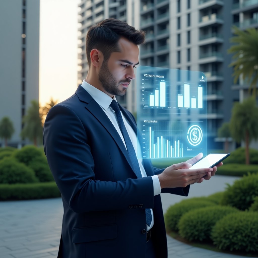Ultra-realistic condominium manager in a navy blue suit, set in a modern luxury condominium environment with high-rise buildings and green landscaping, confidently holding a tablet displaying a digital condominium management app interface, interacting with a floating transparent holographic financial report featuring charts and graphs, symbolizing transparent accounting and trust, cinematic lighting, shallow depth of field, highly detailed textures, realistic skin, photographic realism, 8k resolution --ar 1:1 --v 6