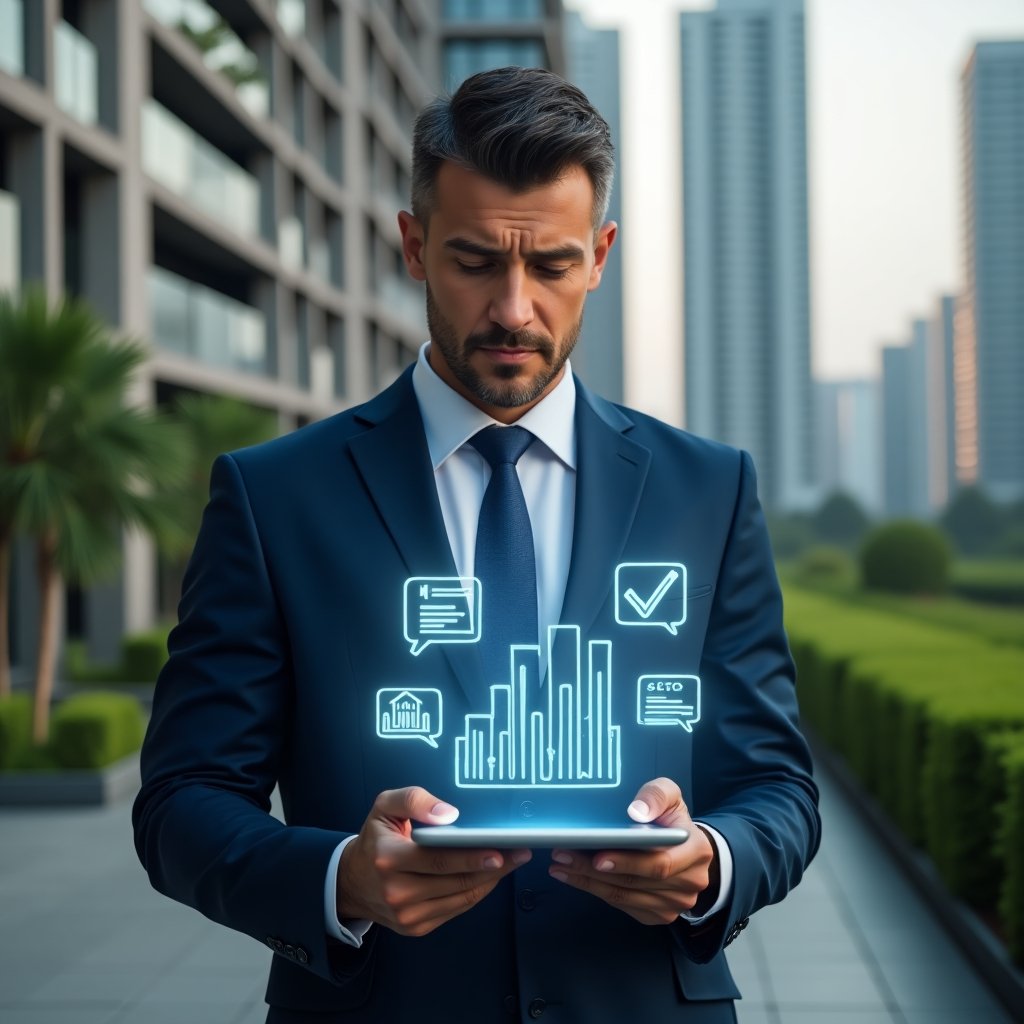 Ultra-realistic condominium manager in a navy blue suit, set in a modern luxury condominium environment with high-rise buildings and lush green landscaping, holding a transparent tablet displaying floating holographic financial charts and invoice icons with checkmarks, confidently analyzing data to demonstrate transparent accounting, cinematic lighting, shallow depth of field, highly detailed textures, realistic skin, photographic realism, 8k resolution --ar 1:1 --v 6