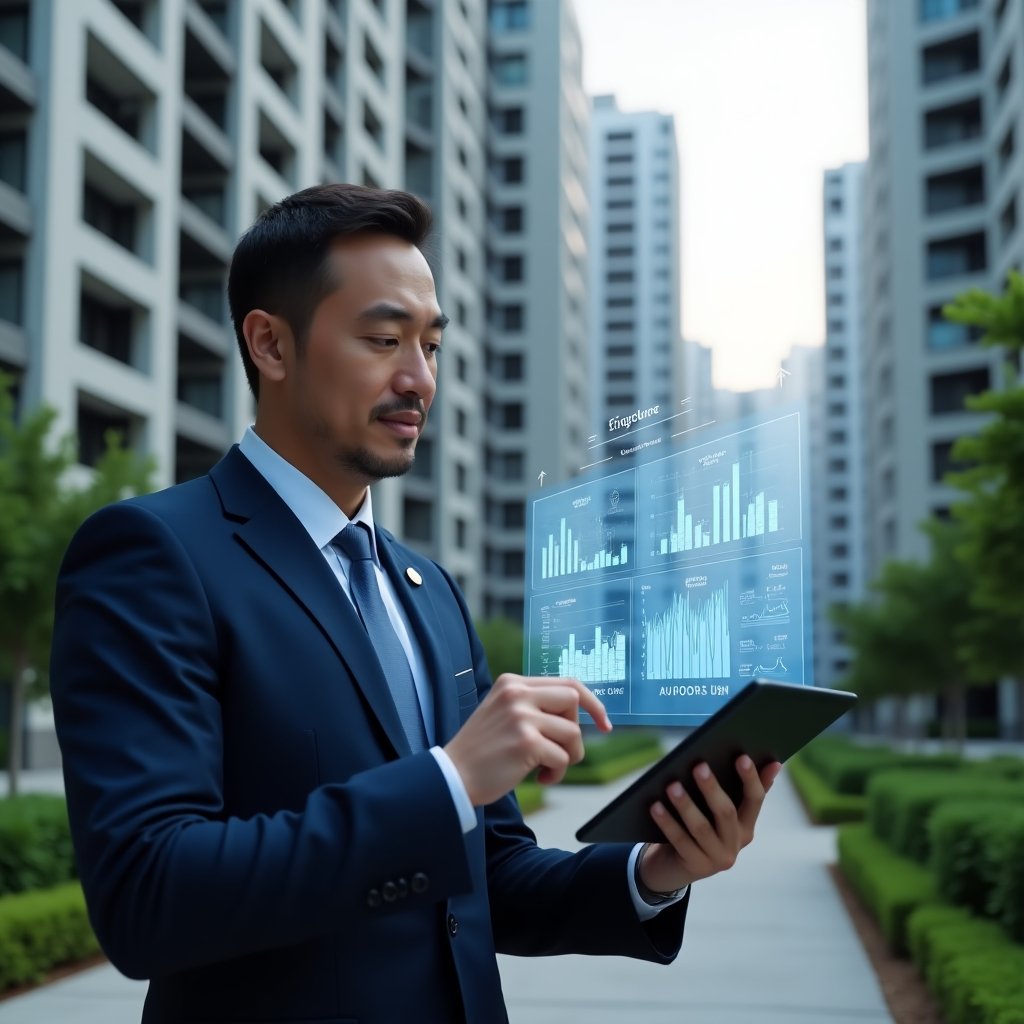 (Ultra-realistic condominium manager in a navy blue executive suit, set in a modern luxury condominium environment with high-rise buildings and manicured green landscaping, mid shot of the manager reviewing a holographic transparent financial report projected above a tablet, pointing at interactive charts and graphs with a confident, analytical expression, floating ledger and transparency icons symbolizing clear accounting, cinematic lighting, shallow depth of field, highly detailed textures, realistic skin, photographic realism, 8k resolution --ar 1:1 --v 6)