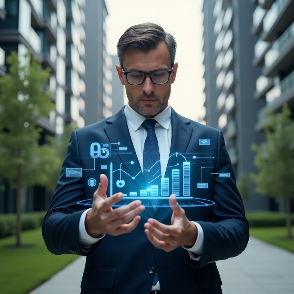 Ultra-realistic condominium manager in a navy blue suit, set in a modern luxury condominium environment with high-rise buildings and manicured green landscaping, medium shot of a confident professional analyzing a transparent holographic financial report with floating charts and ledger icons, cinematic lighting, shallow depth of field, highly detailed textures, realistic skin, photographic realism, 8k resolution --ar 1:1 --v 6