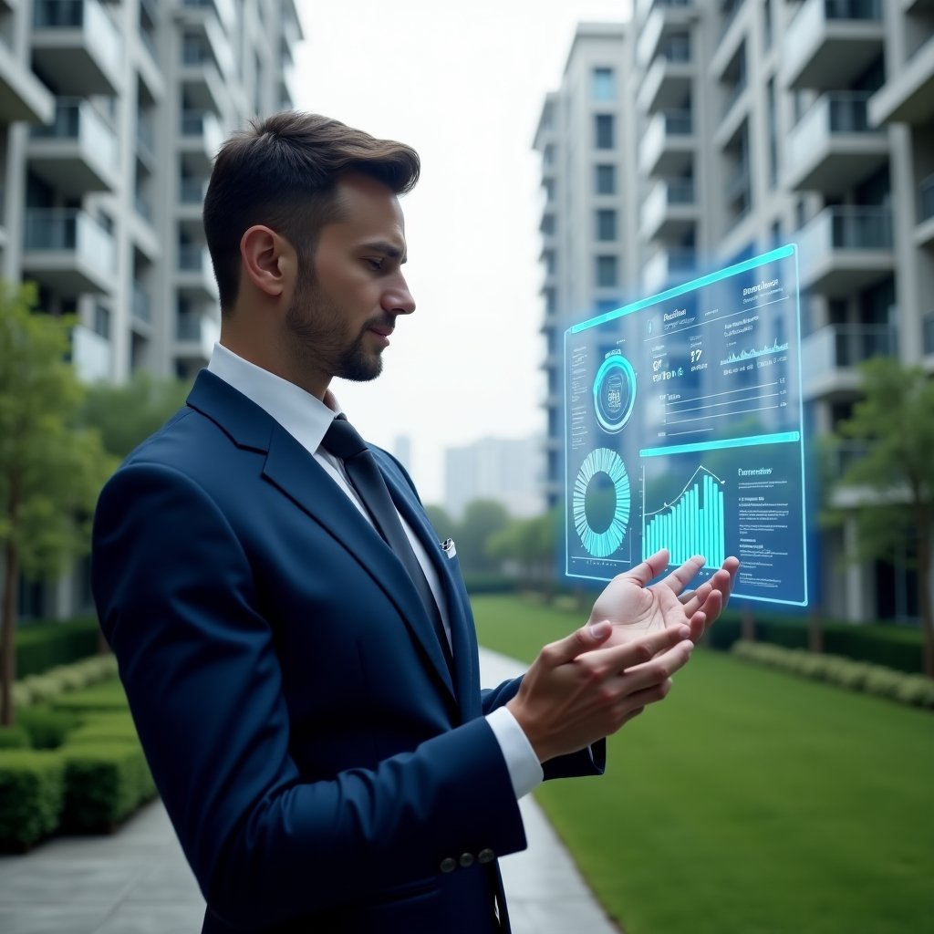 (Ultra-realistic property manager in a navy blue tailored suit, set in a modern luxury condominium environment with high-rise buildings and lush green landscaping, confidently reviewing a floating holographic financial dashboard displaying clear charts and transparent reports, projecting trust and professionalism, cinematic lighting, shallow depth of field, highly detailed textures, realistic skin, photographic realism, 8k resolution --ar 1:1 --v 6)