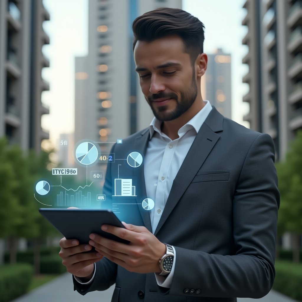 (Ultra-realistic condominium manager in a charcoal gray suit, set in a modern luxury condominium environment with high-rise buildings and lush green landscaping, mid shot of a professional reviewing transparent holographic financial reports on a sleek tablet, confident and reassuring expression conveying trust and harmony, floating icons of pie charts and balance sheets, cinematic lighting, shallow depth of field, highly detailed textures, realistic skin, photographic realism, 8k resolution --ar 1:1 --v 6)