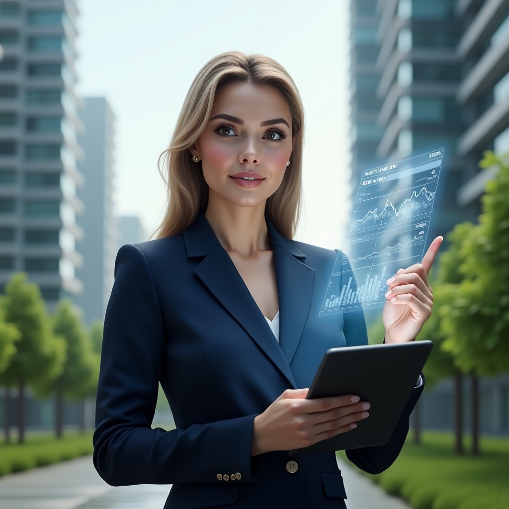 Ultra-realistic condominium manager in a navy business suit, set in a modern luxury condominium environment with high-rise buildings and lush green landscaping, mid shot of her holding a tablet and pointing at floating transparent financial charts and holographic ledgers symbolizing clear accounting, confident and focused expression, cinematic lighting, shallow depth of field, highly detailed textures, realistic skin, photographic realism, 8k resolution --ar 1:1 --v 6