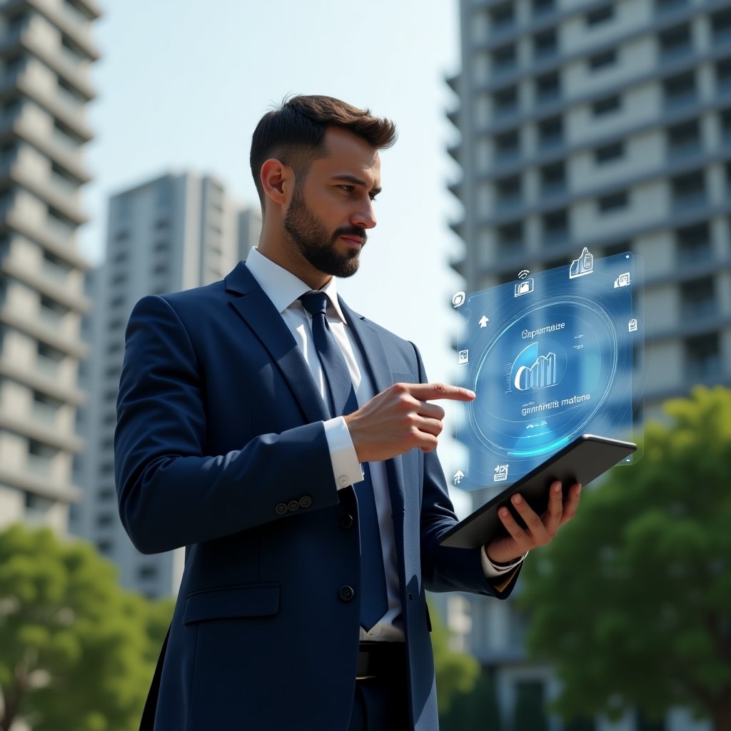Ultra-realistic condominium manager in a navy-blue sleek business suit, set in a modern luxury condominium environment with high-rise buildings and lush green landscaping, mid-shot holding a tablet displaying a holographic pie chart of expense distribution, thoughtfully pointing at the virtual chart with a confident expression, floating finance icons and unit symbols around, cinematic lighting, shallow depth of field, highly detailed textures, realistic skin, photographic realism, 8k resolution --ar 1:1 --v 6