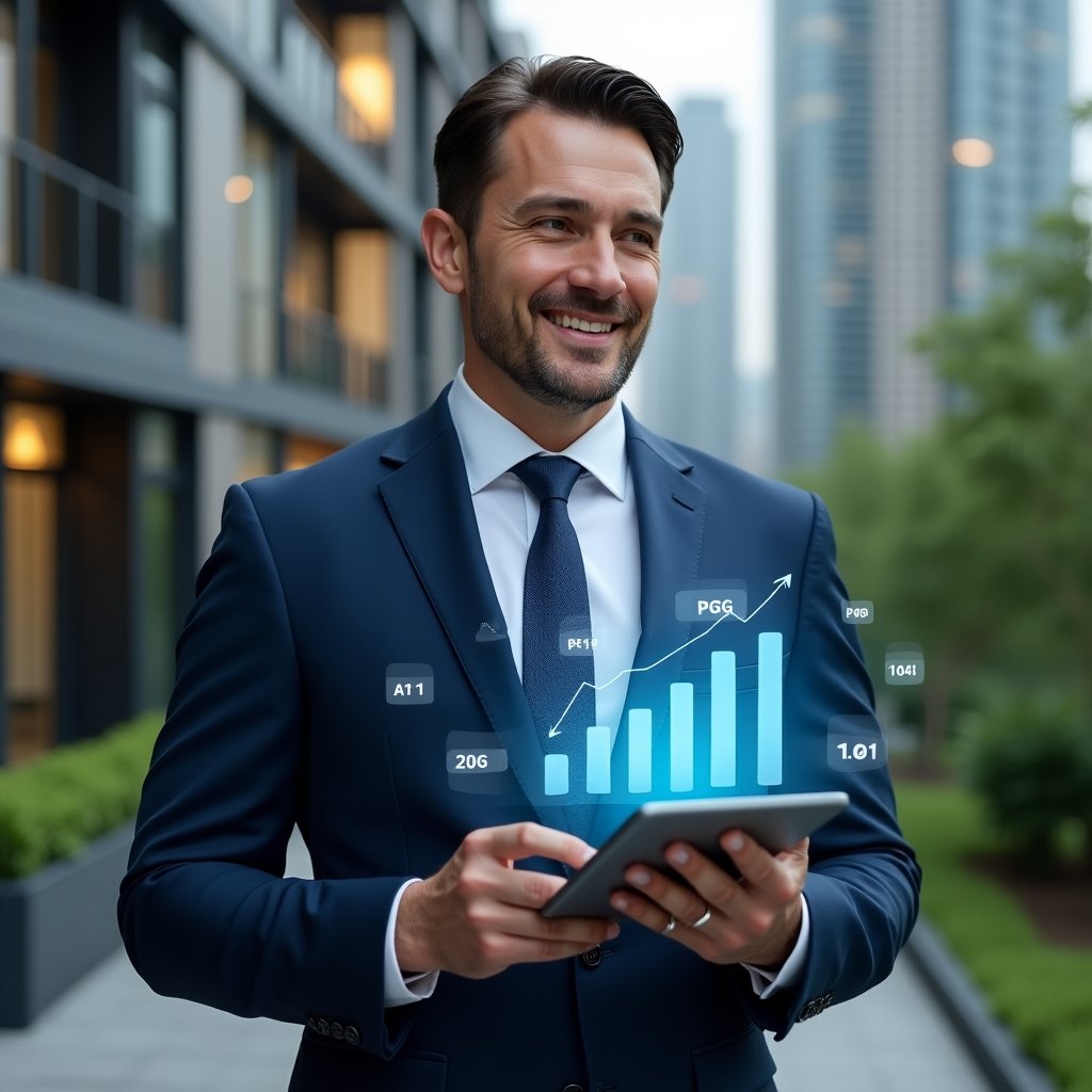 (Ultra-realistic condominium manager in a navy blue tailored suit, set in a modern luxury condominium environment with high-rise buildings and lush green landscaping, holding a digital tablet displaying a holographic bar graph of on-time payments, surrounded by floating payment icons, confident and focused expression, cinematic lighting, shallow depth of field, highly detailed textures, realistic skin, photographic realism, 8k resolution --ar 1:1 --v 6)
