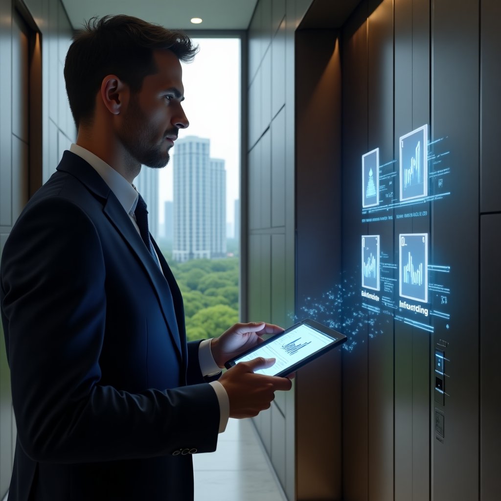 (Ultra-realistic condominium manager in a navy blue suit, set in a modern luxury condominium environment with high-rise buildings and manicured green landscaping, inspecting an elevator control panel while holding a digital tablet displaying cost-saving graphs and holographic safety icons, cinematic lighting, shallow depth of field, highly detailed textures, realistic skin, photographic realism, 8k resolution --ar 1:1 --v 6)