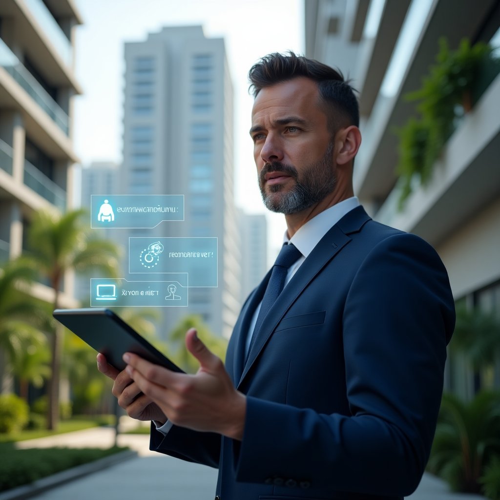 Ultra-realistic condominium manager in a navy blue suit, set in a modern luxury condominium environment with high-rise buildings and lush green landscaping, holding a tablet displaying a condominium management app interface, gesturing confidently as if explaining golden rules for harmony, holographic icons of communication, respect and unity floating around, cinematic lighting, shallow depth of field, highly detailed textures, realistic skin, photographic realism, 8k resolution --ar 1:1 --v 6