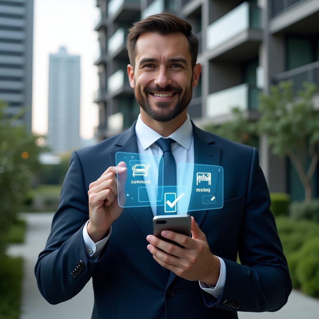 (Ultra-realistic condominium manager in a navy blue suit, set in a modern luxury condominium environment with high-rise buildings and well-manicured greenery, holding a smartphone displaying a glowing condominium management app interface and gesturing toward floating holographic icons of common areas—pool, gym, barbecue zone—with checkmark symbols, confident and approachable expression, cinematic lighting, shallow depth of field, highly detailed textures, realistic skin, photographic realism, 8k resolution --ar 1:1 --v 6)