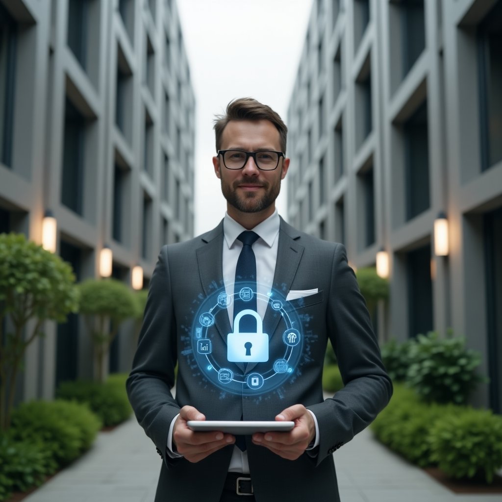 Ultra-realistic condominium security manager in a dark gray suit, set in a modern luxury condominium environment with high-rise buildings and lush green landscaping, mid shot of a confident professional holding a tablet projecting holographic security icons (padlock, CCTV camera), cinematic lighting, shallow depth of field, highly detailed textures, realistic skin, photographic realism, 8k resolution --ar 1:1 --v 6