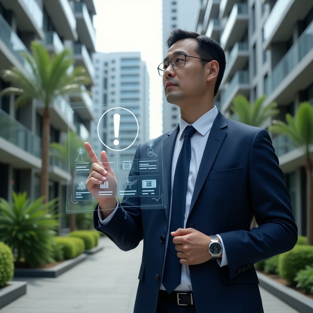 Ultra-realistic condominium manager in a navy blue executive suit, set in a modern luxury condominium environment with high-rise buildings and lush green landscaping, holding a holographic interface displaying warning icons and performance charts, looking focused and confident as they point at a floating exclamation symbol, cinematic lighting, shallow depth of field, highly detailed textures, realistic skin, photographic realism, 8k resolution --ar 1:1 --v 6