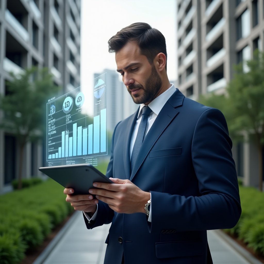 Ultra-realistic condominium manager in a tailored navy blue suit, set in a modern luxury condominium environment with high-rise buildings and manicured green landscaping, analyzing floating holographic financial charts on a tablet, confident and focused expression, holographic currency and graph icons symbolizing expense tracking, cinematic lighting, shallow depth of field, highly detailed textures, realistic skin, photographic realism, 8k resolution --ar 1:1 --v 6