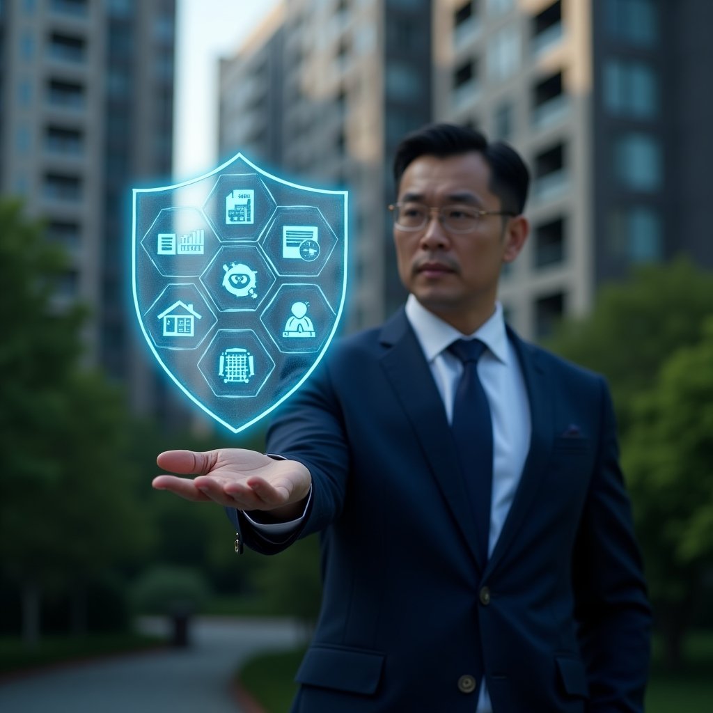 Ultra-realistic condominium manager in a navy blue suit, set in a modern luxury condominium environment with high-rise buildings and lush green landscaping, holding out a hand as a glowing holographic shield emerges displaying seven icons for finance, communication, security, maintenance, legal compliance, conflict resolution, and document management, confident and focused expression, cinematic lighting, shallow depth of field, highly detailed textures, realistic skin, photographic realism, 8k resolution --ar 1:1 --v 6
