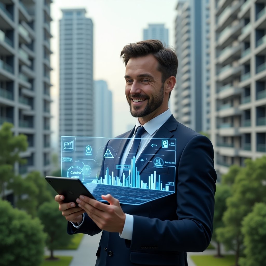 Ultra-realistic condominium manager in a navy tailored suit, set in a modern luxury condominium environment with high-rise buildings and lush green landscaping, holding a tablet projecting a holographic interface of a condominium management app with charts, checklists and communication icons, confident smile while analyzing data, cinematic lighting, shallow depth of field, highly detailed textures, realistic skin, photographic realism, 8k resolution --ar 1:1 --v 6