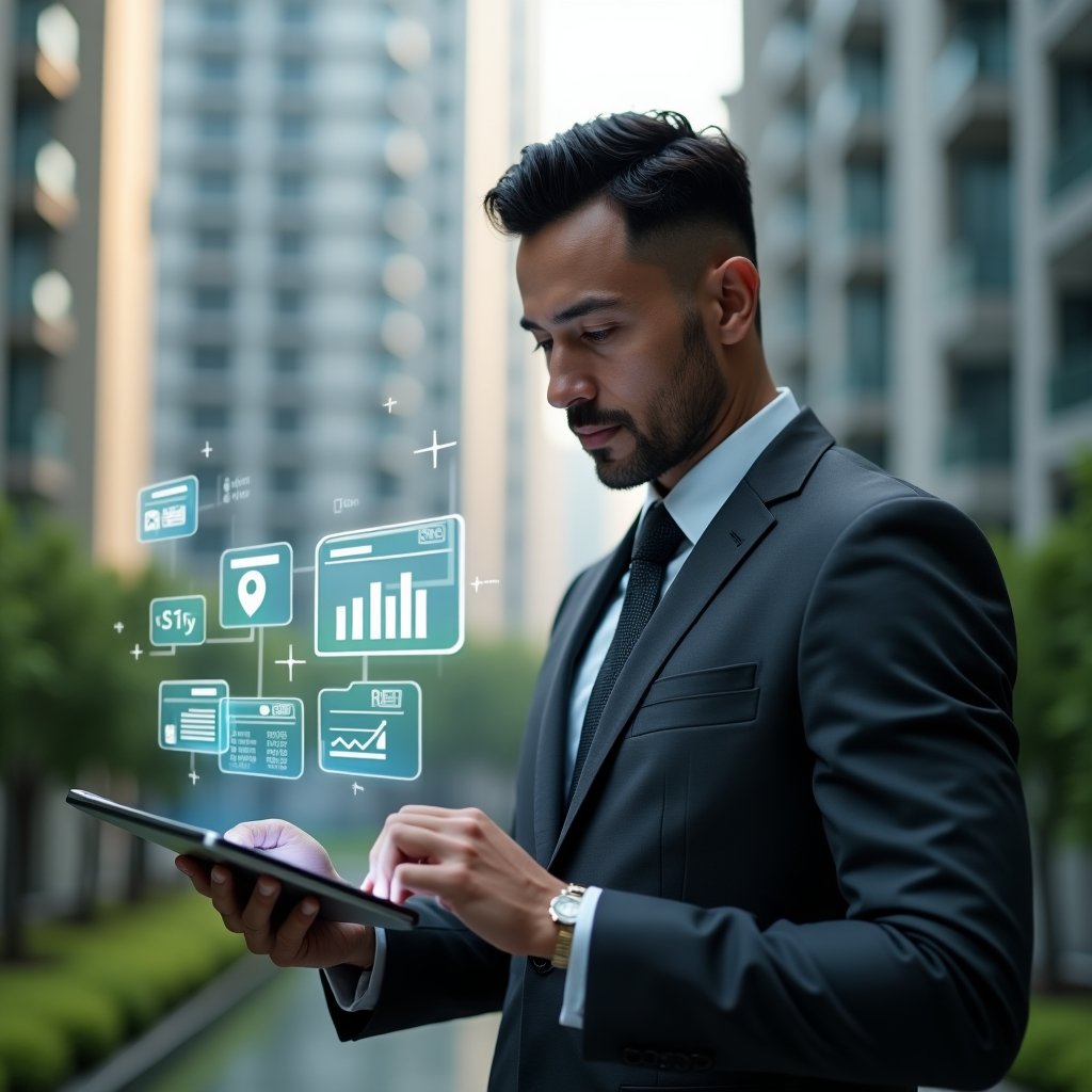 (Ultra-realistic condominium manager in a dark gray tailored suit, set in a modern luxury condominium environment with high-rise buildings and green landscaping, examining a tablet with holographic app interface showing building management icons, confident and focused expression, floating icons of messages, calendar slots and financial charts symbolizing streamlined communication and scheduling, cinematic lighting, shallow depth of field, highly detailed textures, realistic skin, photographic realism, 8k resolution --ar 1:1 --v 6)