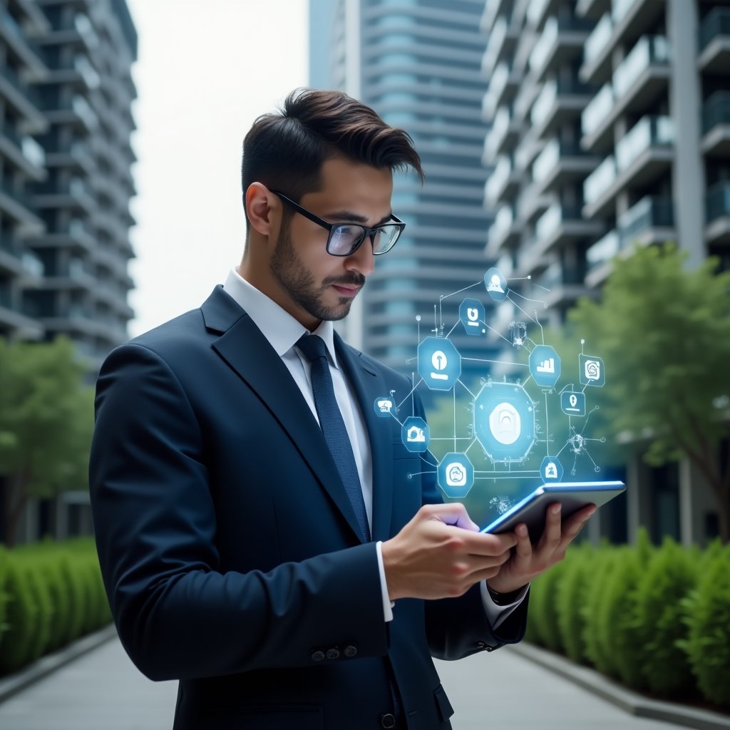 Ultra-realistic condominium manager in a navy blue suit, set in a modern luxury condominium environment with high-rise buildings and lush green landscaping, examining a floating holographic app interface on a transparent tablet displaying graphs, messages, and security alerts, confident and focused expression, holographic icons representing communication, organization, and security swirling around, cinematic lighting, shallow depth of field, highly detailed textures, realistic skin, photographic realism, 8k resolution --ar 1:1 --v 6