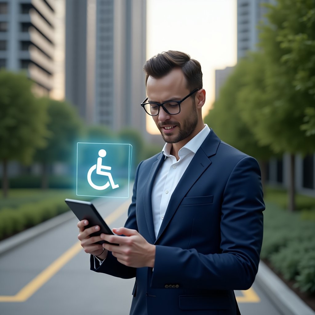 (Ultra-realistic condominium manager in a navy blue suit, set in a modern luxury condominium environment with high-rise buildings and lush green landscaping, reviewing accessibility plans on a tablet while standing beside a newly installed ramp, a glowing wheelchair accessibility icon hologram floating above the device, confident and welcoming expression, cinematic lighting, shallow depth of field, highly detailed textures, realistic skin, photographic realism, 8k resolution --ar 1:1 --v 6)