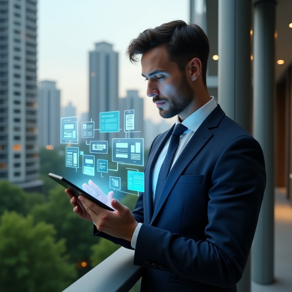 (Ultra-realistic condominium manager in a navy executive suit, medium close-up shot, set in a modern luxury condominium environment with high-rise buildings and lush green landscaping, confidently reviewing a tablet projecting holographic icons of financial charts, messaging bubbles, and maintenance checklists, cinematic lighting, shallow depth of field, highly detailed textures, realistic skin, photographic realism, 8k resolution --ar 1:1 --v 6)