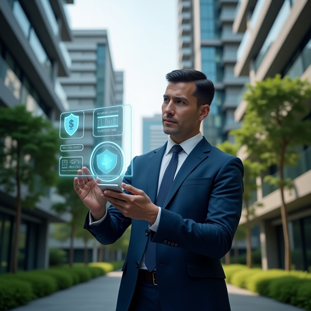 Ultra-realistic property manager in a navy suit, set in a modern luxury condominium environment with high-rise buildings and lush green landscaping, examining a floating holographic interface displaying **applicant for condominium** management icons, confident and focused expression, with symbolic holograms of a security shield, financial chart, calendar and chat bubbles, cinematic lighting, shallow depth of field, highly detailed textures, realistic skin, photographic realism, 8k resolution --ar 1:1 --v 6