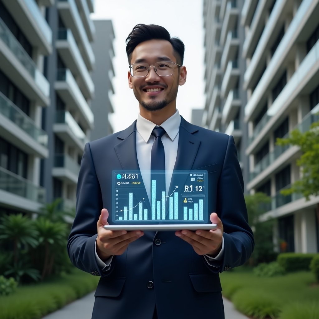 Ultra-realistic condominium manager in a navy blue tailored suit, set in a modern luxury condominium environment with high-rise buildings and green landscaping, confidently holding a transparent digital tablet displaying holographic financial charts and icons, symbolizing online accounting and transparency, cinematic lighting, shallow depth of field, highly detailed textures, realistic skin, photographic realism, 8k resolution --ar 1:1 --v 6