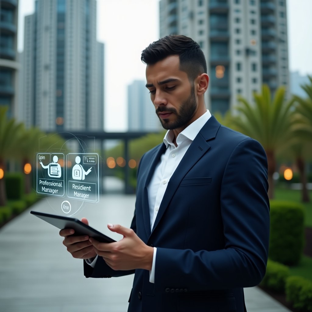 (Ultra-realistic condominium manager in a tailored navy suit, set in a modern luxury condominium environment with high-rise buildings and manicured green gardens, holding a tablet projecting a holographic interface comparing professional vs. resident manager icons with pros and cons charts, a floating smartphone displaying a condo management app icon, confident and thoughtful expression, cinematic lighting, shallow depth of field, highly detailed textures, realistic skin, photographic realism, 8k resolution --ar 1:1 --v 6)
