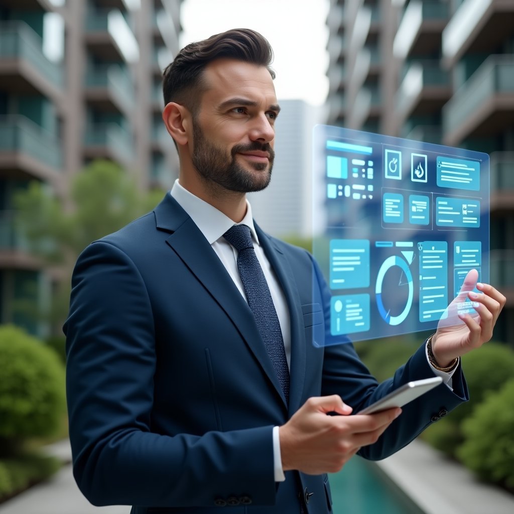 (Ultra-realistic condominium manager in a tailored navy blue suit, set in a modern luxury condominium environment with high-rise buildings and lush green landscaping, holding a tablet and gesturing toward a floating holographic dashboard displaying task lists, chat bubbles, and analytics charts, confident expression, cinematic lighting, shallow depth of field, highly detailed textures, realistic skin, photographic realism, 8k resolution --ar 1:1 --v 6)