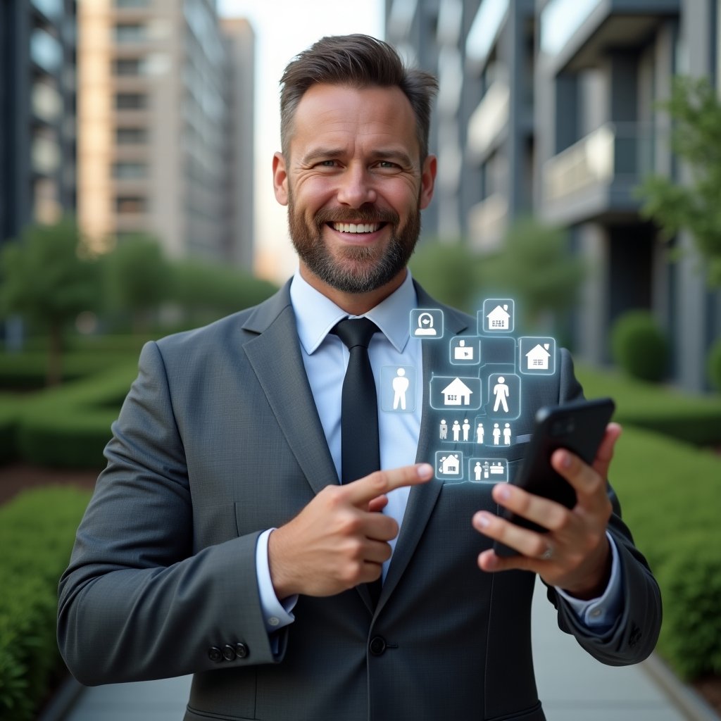 Ultra-realistic condominium manager in a charcoal gray suit, set in a modern luxury condominium environment with high-rise buildings and lush green landscaping, confidently pointing at holographic community rule icons emerging from a smartphone screen representing a management app, warm and inviting expression, cinematic lighting, shallow depth of field, highly detailed textures, realistic skin, photographic realism, 8k resolution --ar 1:1 --v 6