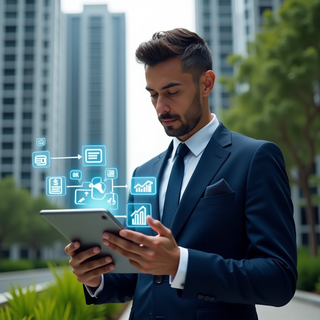 Ultra-realistic condominium manager in a navy blue tailored suit, set in a modern luxury condominium environment with high-rise buildings and lush green landscaping, analyzing a digital tablet with floating holographic icons of calendar bookings, chat bubbles, financial graphs and maintenance alerts, holographic interface elements symbolizing an all-in-one management app, confident and focused expression, cinematic lighting, shallow depth of field, highly detailed textures, realistic skin, photographic realism, 8k resolution --ar 1:1 --v 6