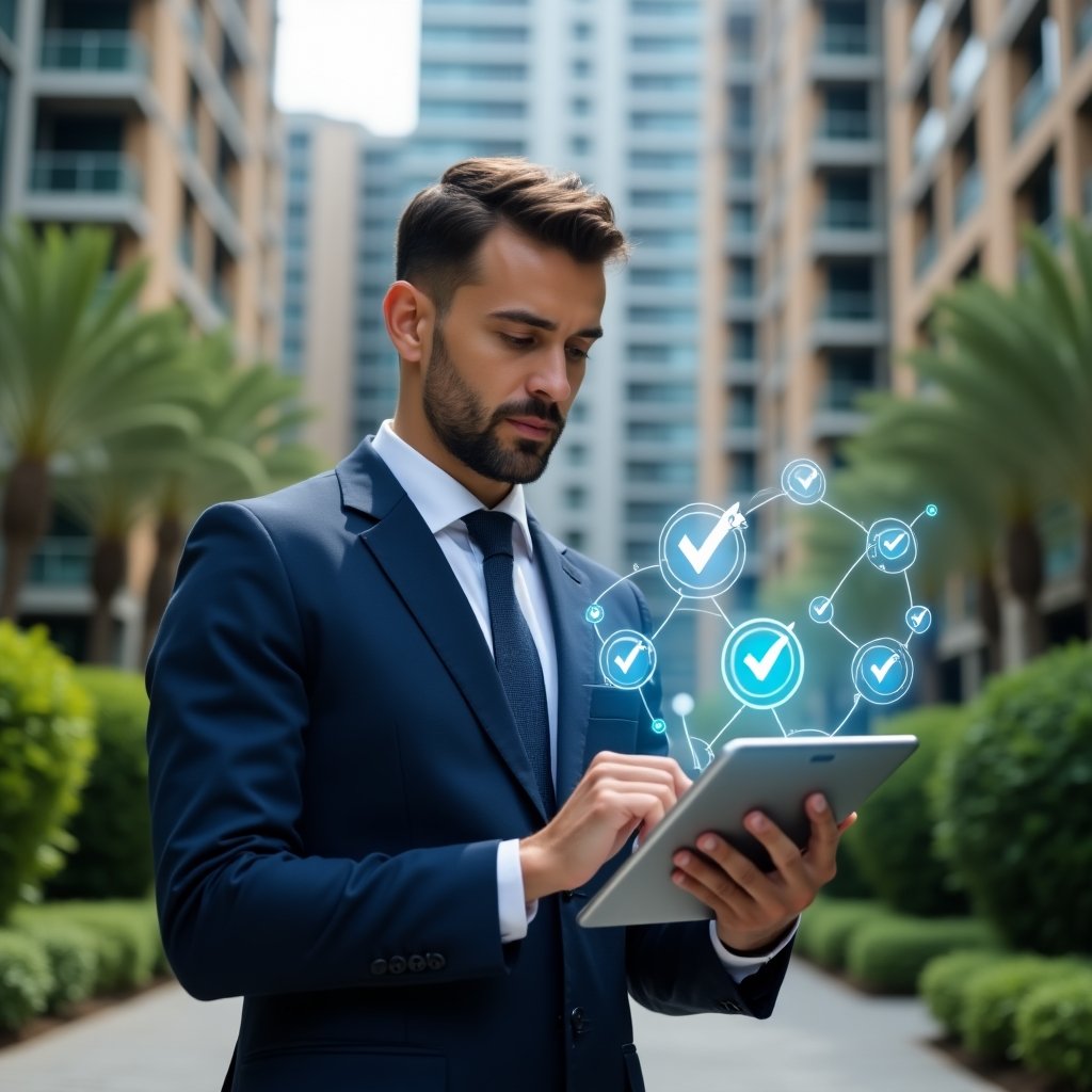 Ultra-realistic condominium manager in a tailored navy suit, set in a modern luxury condominium environment with high-rise buildings and lush green landscaping, reviewing a digital activity schedule on a sleek tablet while holographic color-coded task icons and checkmarks float around him, confident and focused expression, cinematic lighting, shallow depth of field, highly detailed textures, realistic skin, photographic realism, 8k resolution --ar 1:1 --v 6