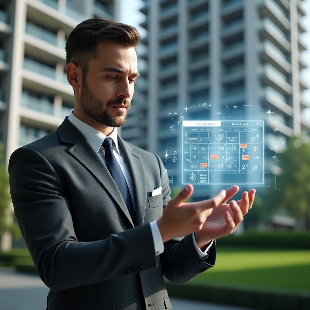 Ultra-realistic condominium manager in a tailored charcoal gray suit, set in a modern luxury condominium environment with high-rise buildings and manicured green landscaping, examining a floating holographic calendar interface with schedule icons and gears, confident and focused expression, cinematic lighting, shallow depth of field, highly detailed textures, realistic skin, photographic realism, 8k resolution --ar 1:1 --v 6