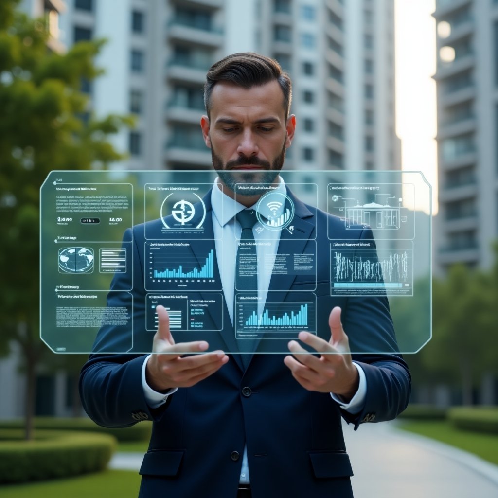 (Ultra-realistic condominium manager in a navy executive suit, set in a modern luxury condominium environment with high-rise buildings and lush green landscaping, confidently analyzing a floating holographic dashboard displaying budget charts and maintenance schedules with warning icons highlighting common administration errors, cinematic lighting, shallow depth of field, highly detailed textures, realistic skin, photographic realism, 8k resolution --ar 1:1 --v 6)