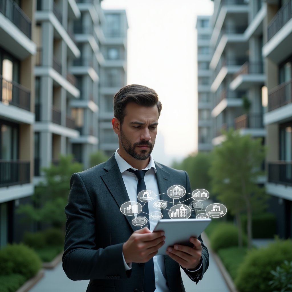 (Ultra-realistic professional condominium manager in a charcoal grey tailored suit, set in a modern luxury condominium environment with high-rise buildings and lush green landscaping, holding a transparent tablet displaying floating holographic icons of financial charts, communication bubbles and building layouts, thoughtful and confident expression, cinematic lighting, shallow depth of field, highly detailed textures, realistic skin, photographic realism, 8k resolution --ar 1:1 --v 6)