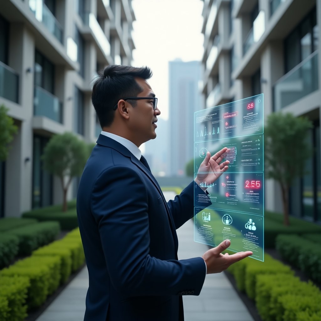Ultra-realistic condominium manager in a tailored navy blue suit, set in a modern luxury condominium environment with high-rise buildings and manicured green landscaping, confidently reviewing a floating holographic dashboard displaying red warning icons and green check marks, holographic icons of maintenance tools and communication bubbles, cinematic lighting, shallow depth of field, highly detailed textures, realistic skin, photographic realism, 8k resolution --ar 1:1 --v 6