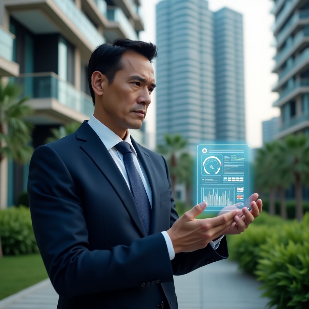 Ultra-realistic condo manager in a tailored navy-blue suit, set in a modern luxury condominium environment with high-rise buildings and lush green landscaping, medium shot of the manager reviewing a floating holographic financial report with highlighted error symbols and bar charts, serious and focused expression, cinematic lighting, shallow depth of field, highly detailed textures, realistic skin, photographic realism, 8k resolution --ar 1:1 --v 6