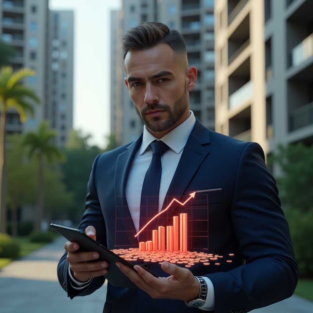 Ultra-realistic condominium manager in a dark blue suit, set in a modern luxury condominium environment with high-rise buildings and lush green landscaping, holding a tablet displaying a holographic red expense chart leaking coins to symbolize budget drain, expression serious and focused, cinematic lighting, shallow depth of field, highly detailed textures, realistic skin, photographic realism, 8k resolution --ar 1:1 --v 6