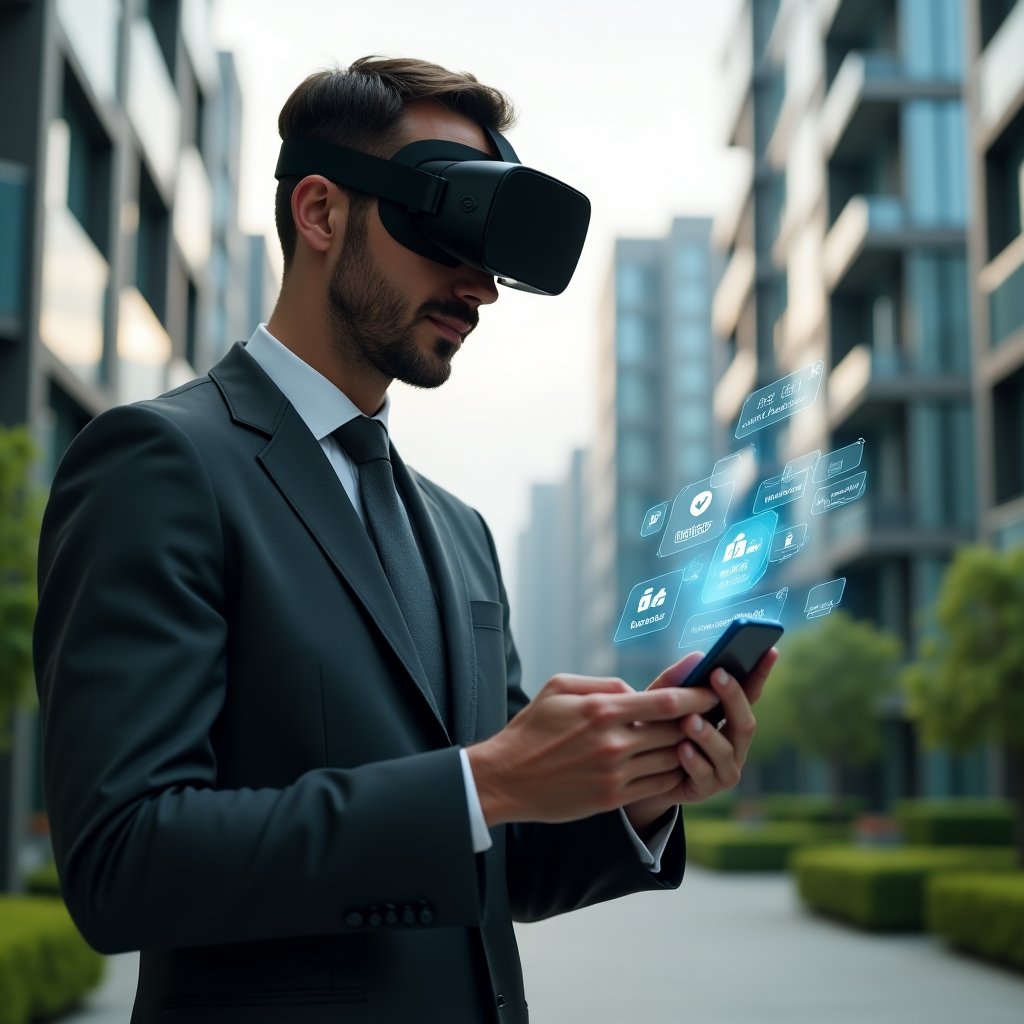 Ultra-realistic condominium manager in a tailored charcoal gray suit, medium shot, set in a modern luxury condominium environment with high-rise buildings and green landscaping, examining a holographic smartphone display of a management app with chat bubbles, payment reminders and calendar icons floating around, confidently gesturing towards the interface, cinematic lighting, shallow depth of field, highly detailed textures, realistic skin, photographic realism, 8k resolution --ar 1:1 --v 6