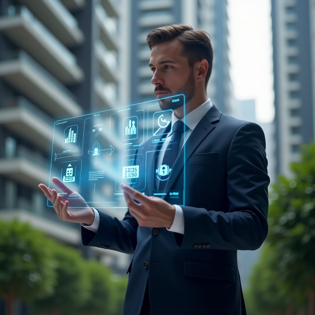 (Ultra-realistic condominium manager in a navy tailored suit, set in a modern luxury condominium environment with high-rise buildings and lush green landscaping, standing confidently while interacting with a glowing holographic dashboard displaying communication, finance, and reservation icons, cinematic lighting, shallow depth of field, highly detailed textures, realistic skin, photographic realism, 8k resolution --ar 1:1 --v 6)