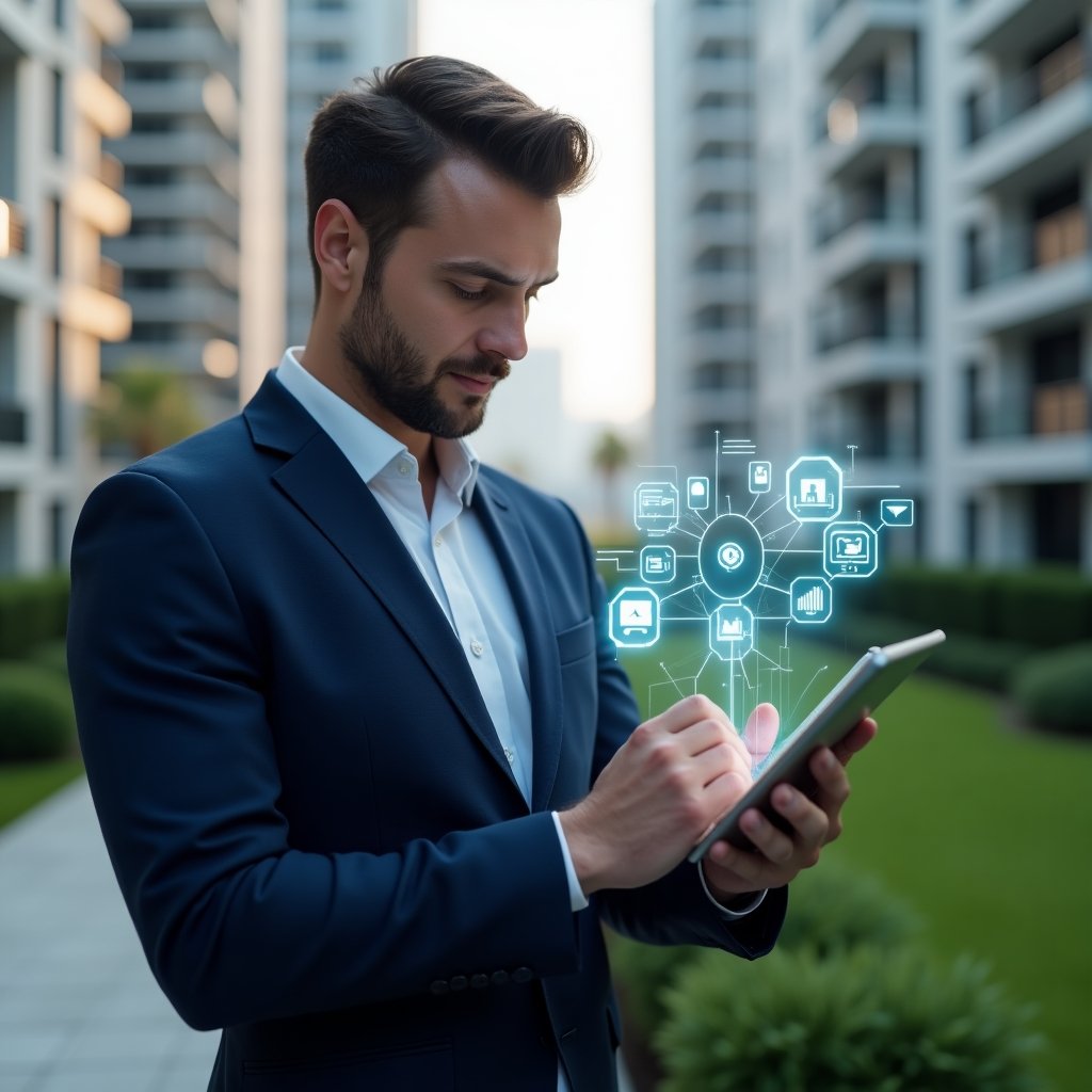 (Ultra-realistic condo manager in a navy blue suit, set in a modern luxury condominium environment with high-rise buildings and manicured green landscaping, examining a tablet with holographic app icons, graphs and chat bubbles floating above the screen to represent an aplicativo de gestão, confident expression, cinematic lighting, shallow depth of field, highly detailed textures, realistic skin, photographic realism, 8k resolution --ar 1:1 --v 6)