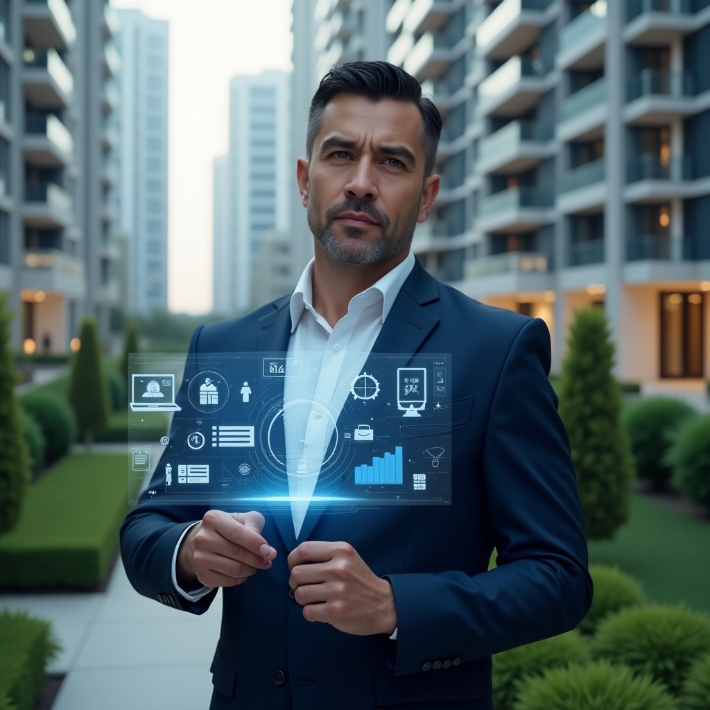 (Ultra-realistic property manager in a navy blue business suit, set in a modern luxury condominium environment with high-rise buildings and manicured green gardens, medium close-up of the manager interacting with a transparent holographic dashboard showing alert icons, efficiency graphs and communication symbols, confident and thoughtful expression, cinematic lighting, shallow depth of field, highly detailed textures, realistic skin, photographic realism, 8k resolution --ar 1:1 --v 6)