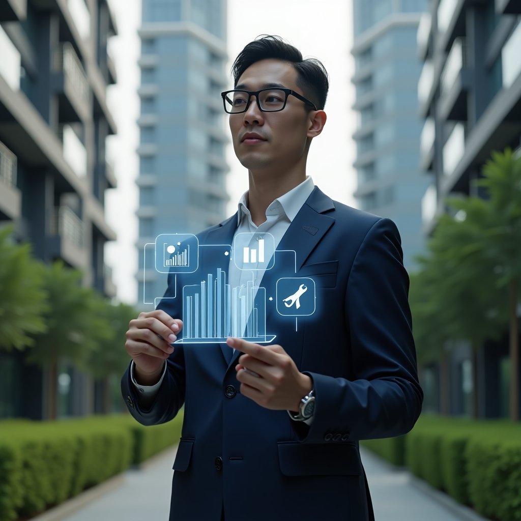 (Ultra-realistic condominium manager in a tailored navy blue suit, set in a modern luxury condominium environment with high-rise buildings and manicured green landscaping, examining a semi-transparent holographic interface displaying icons of financial charts, a wrench, and chat bubbles to symbolize budgeting, maintenance, and communication, confident and thoughtful expression, cinematic lighting, shallow depth of field, highly detailed textures, realistic skin, photographic realism, 8k resolution --ar 1:1 --v 6)
