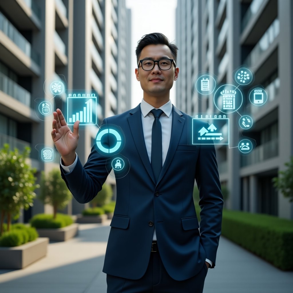 Ultra-realistic condominium property manager in a sleek navy suit, set in a modern luxury condominium environment with high-rise buildings and manicured green landscaping, confidently interacting with floating holographic icons showing financial charts, reservation calendar, access control QR code and chat bubbles, cinematic lighting, shallow depth of field, highly detailed textures, realistic skin, photographic realism, 8k resolution --ar 1:1 --v 6