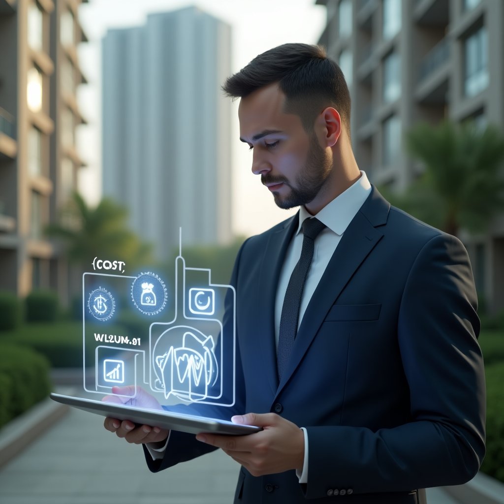 (Ultra-realistic condominium manager in a tailored navy suit, set in a modern luxury condominium environment with high-rise buildings and well-manicured green landscaping, reviewing holographic cost-saving charts on a transparent digital tablet, with floating icons of a piggy bank and a downward-trending expenses graph, thoughtful and confident expression, cinematic lighting, shallow depth of field, highly detailed textures, realistic skin, photographic realism, 8k resolution --ar 1:1 --v 6)
