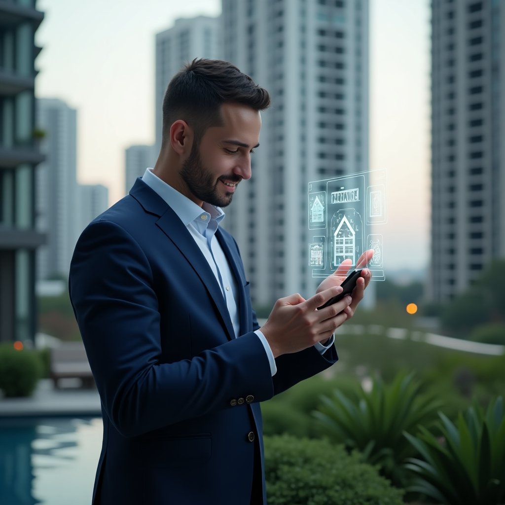 (Ultra-realistic property manager in a navy blue suit, set in a modern luxury condominium environment with high-rise buildings and lush green landscaping, holding a smartphone displaying a digital management interface while confidently interacting with a holographic condominium app icon, cinematic lighting, shallow depth of field, highly detailed textures, realistic skin, photographic realism, 8k resolution --ar 1:1 --v 6)